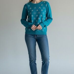 Designer Teal and Silver Patterned Knit Sweater